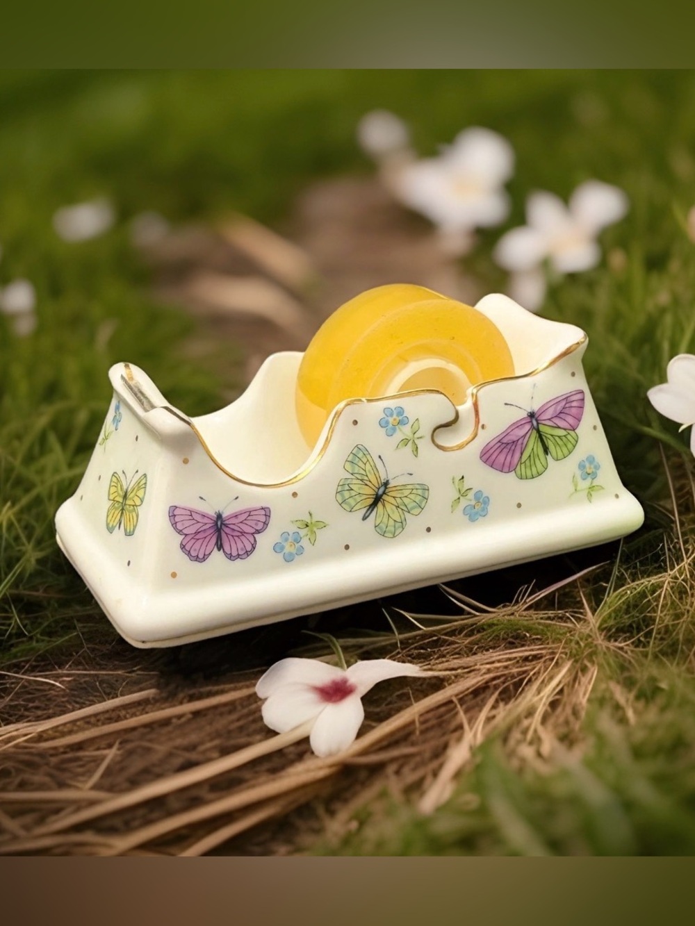 Vintage Avon Floral Butterfly Tape Dispenser Desk Porcelain Holder White Gold
